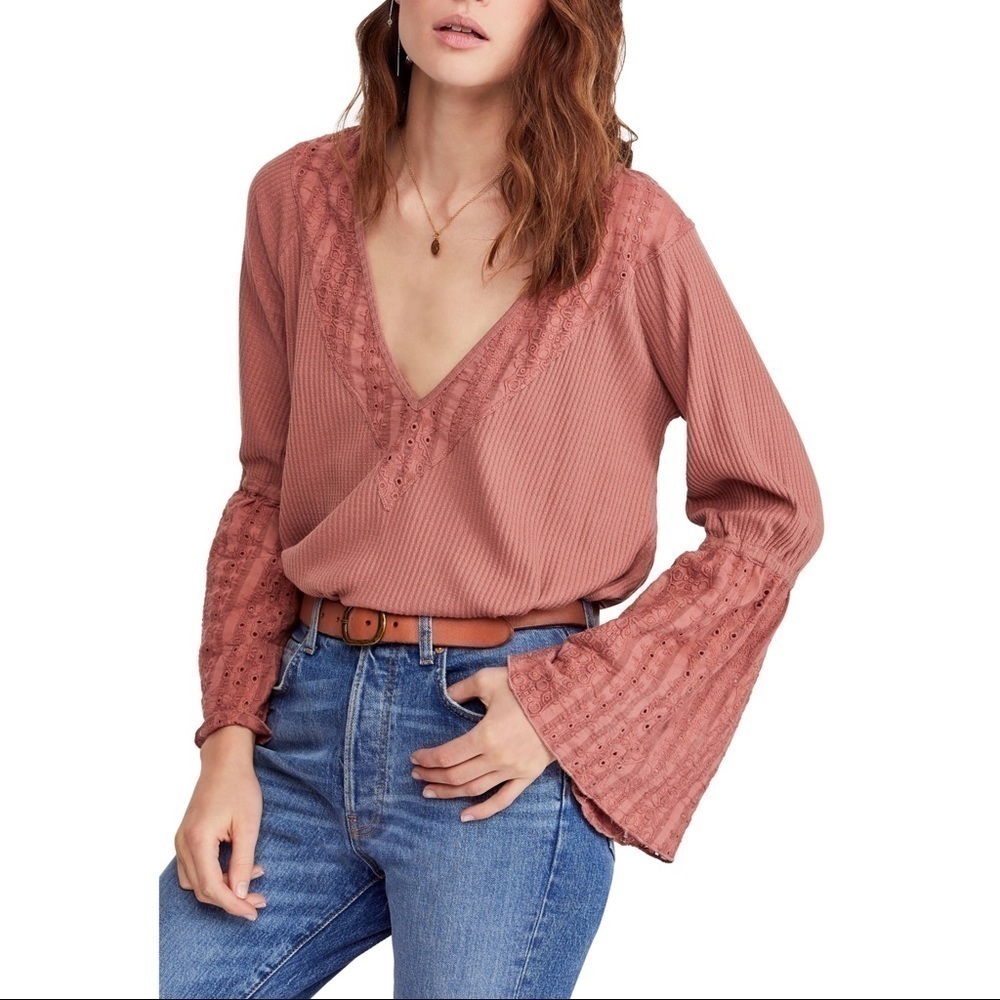 Free People Parisian Nights Bell Sleeve Lace Top V-Neck